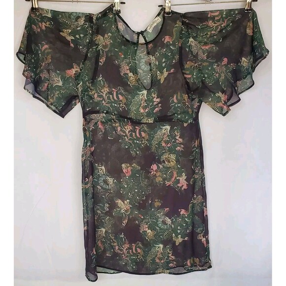 Zara Premium Denim Collection Sheer Floral Mini Dress Tunic Butterfly Sleeves XS - Picture 1 of 5